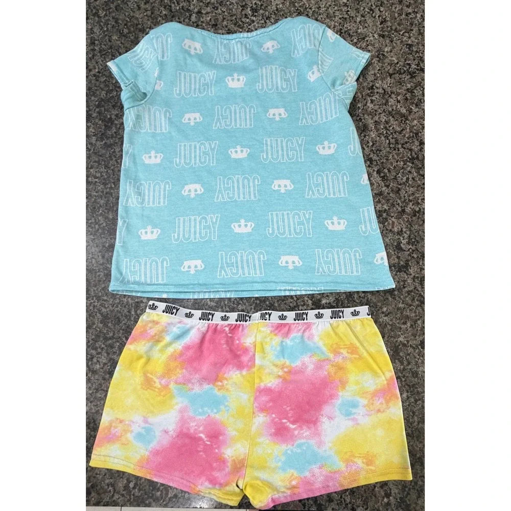Juicy Couture Girls Pajama Set Size L 14 Blue Logo Top Tie Dye Shorts 2pc‎ PJ